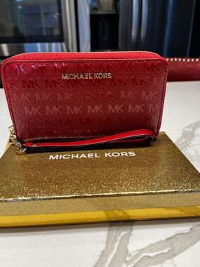 Michael Kors Red Embossed MK Wallet | Zip Around | Wristlet Clutch